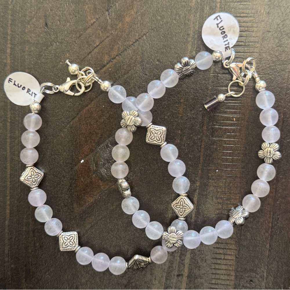 Flourite Lavender and Silver Beaded Bracelets